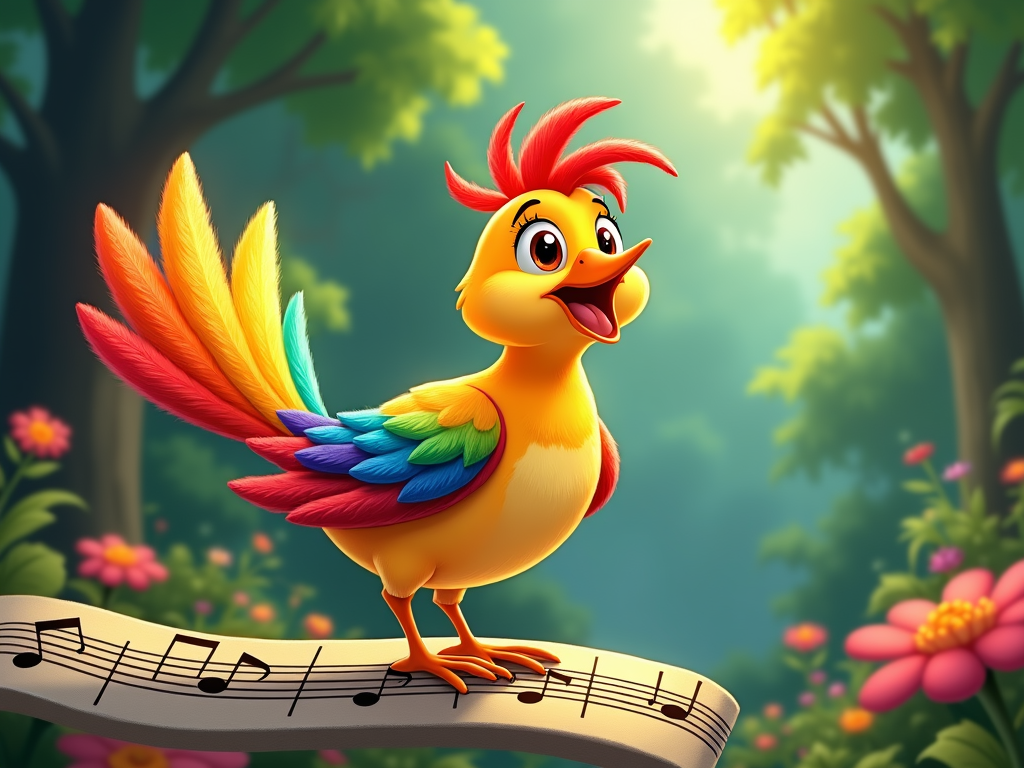 A vibrant, stylized bird with each feather a different color of the rainbow, perched on a musical staff.