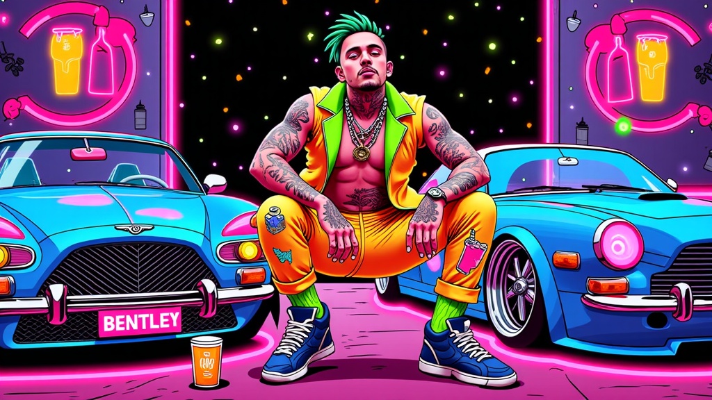 A retro-futuristic aesthetic. Post Malone illustrated in a graphic novel style, wearing attire with both neon piping and chrome panels. The scene could be set inside a surreal garage or club where Bentleys have neon underglows and beerbongs are constructed from futuristic chrome materials. The 'Dreams' aspect is hinted at with swirling patterns or distorted perspectives.