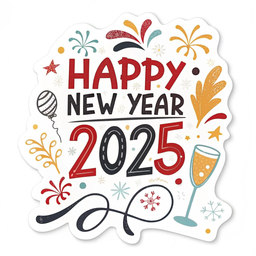 The image shows a poster with the words Happy New Year 2025 written in bold, colorful letters, accompanied by a glass of champagne and a balloon, creating a festive atmosphere to celebrate the start of a new year.