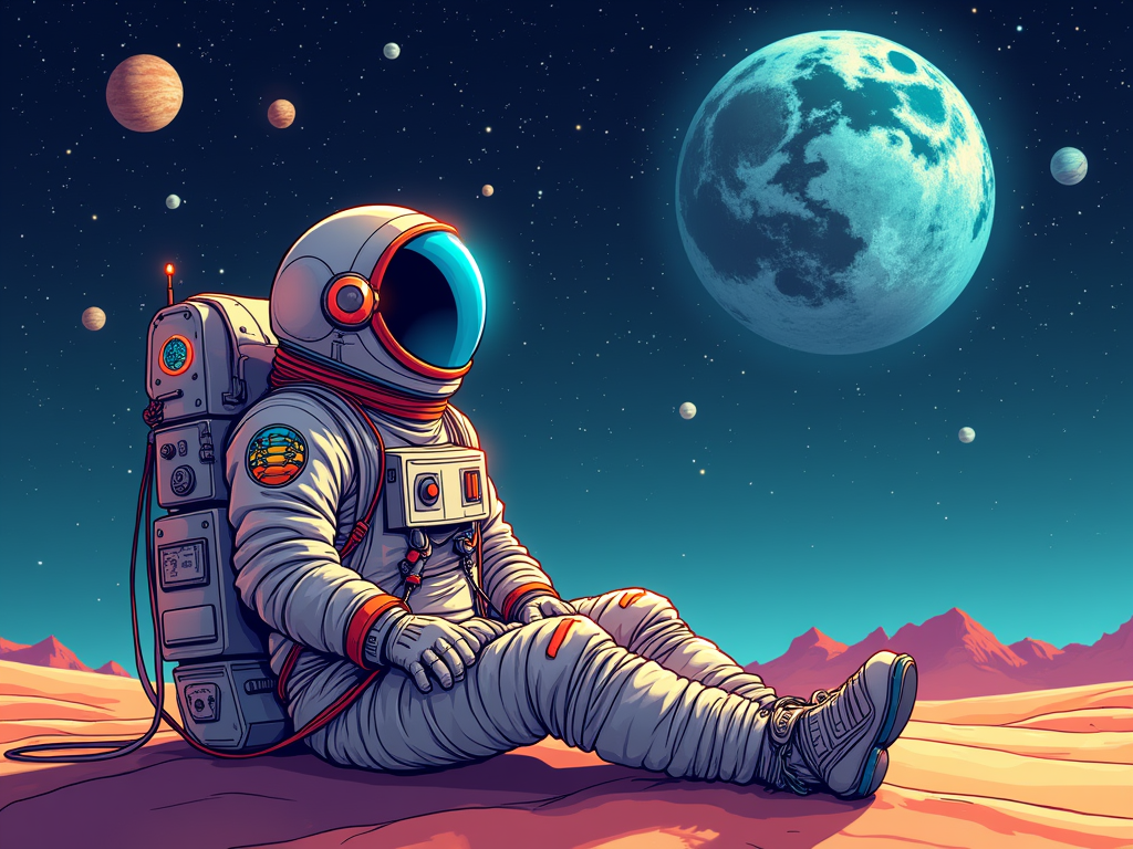 An astronaut figure with Burning Man-esque accessories sitting on the playa, looking up at a detailed Earth within a star-filled night sky.