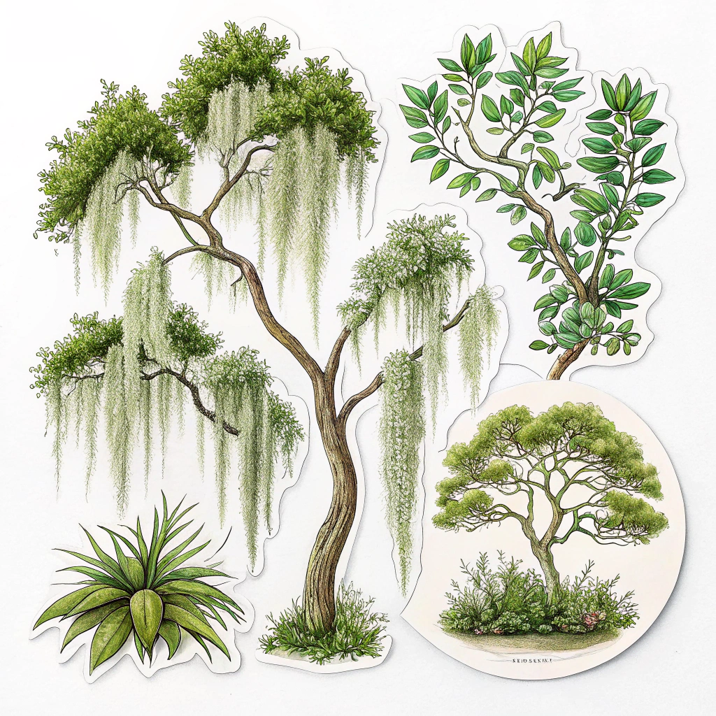 A sticker pack with multiple variations of Spanish moss illustrations.