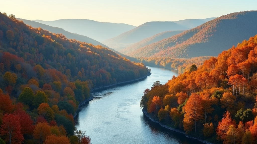 A winding river snakes through hills clothed in layers of autumn colors, its surface reflecting the morning sun.