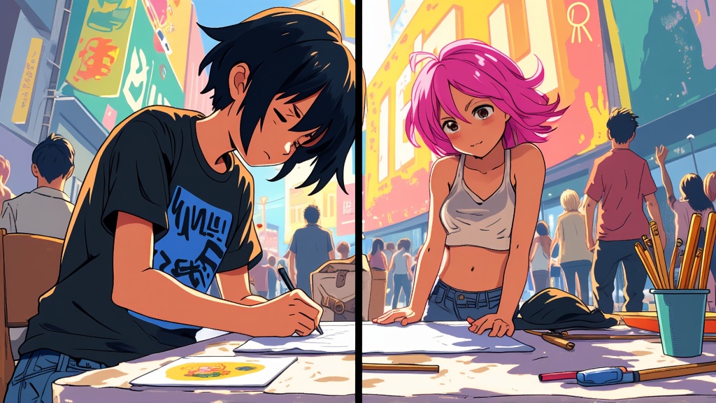A split-panel design: one side showcasing an artist's dedicated sketching process, the other revealing their muse—an anime character—in a dynamic pose, both framed by the energy of MomoCon's Artist Alley.