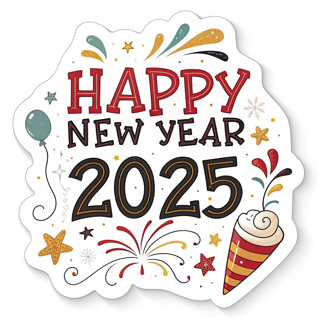 The image shows a poster with the words Happy New Year 2025 written in bold, colorful letters, accompanied by a festive illustration of a balloon, stars, and an ice cream cone, all against a white background.