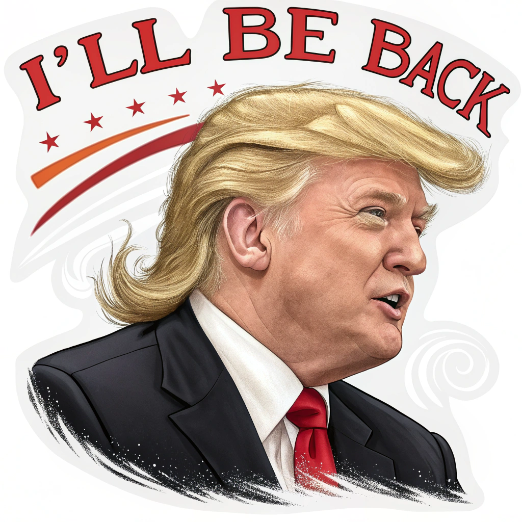 A sticker that incorporates a play on words or a visual pun, related to the 'I'll Be Back' phrase, with a creative rendering of Trump.