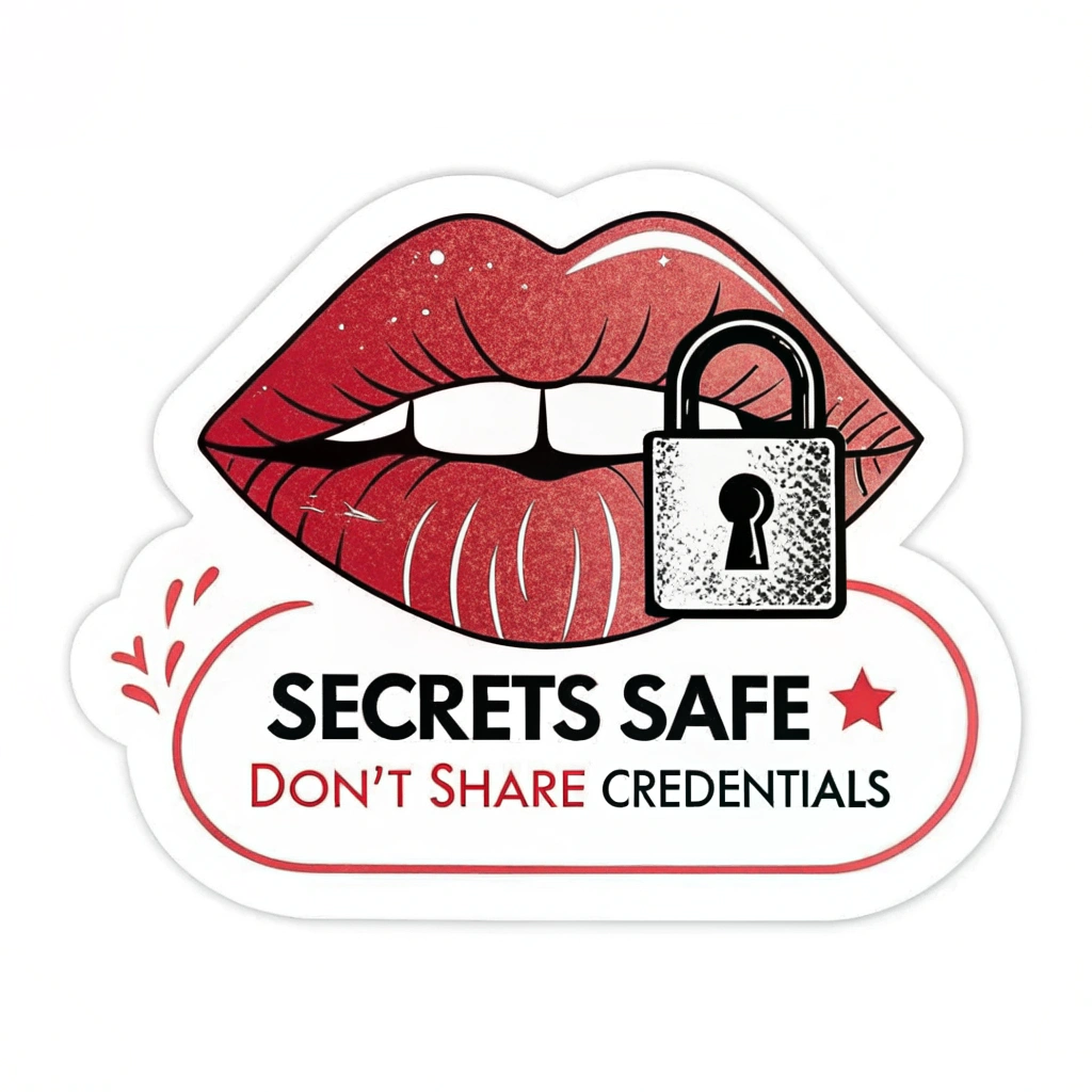Sticker Design 1 (Locked Lips): Illustration of lips sealed shut with a prominent padlock. The text 'Secrets Safe: Don't Share Credentials' is clearly displayed, possibly wrapping around the image or below it. Colors could be bold and contrasting to grab attention.