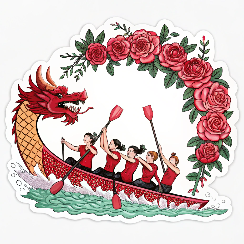 Finish Line Bloom: A dragon boat triumphantly crossing a finish line made of a garland of roses. Paddlers are celebrating, and roses are tossed in the air or floating on the water. The dragon might be depicted breathing out rose petals instead of fire, emphasizing the festival spirit.