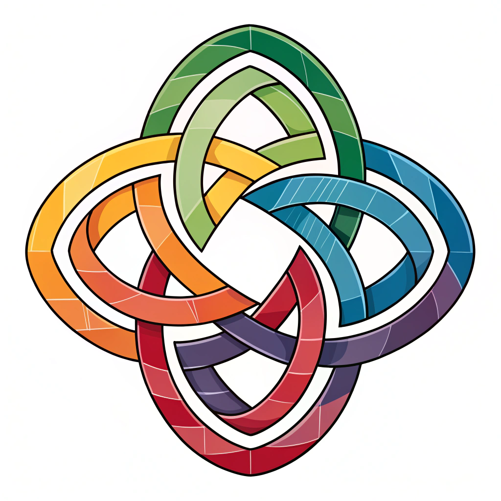 Simple Icon/Logo Idea: Interwoven Pride Knot - A simple, iconic logo element depicting a stylized Celtic knot or braid formed from several distinct strands, each representing colors from a different key LGBTQ+ flag (e.g., rainbow, trans, bi, pansexual), visually embodying 'interwoven medley'.