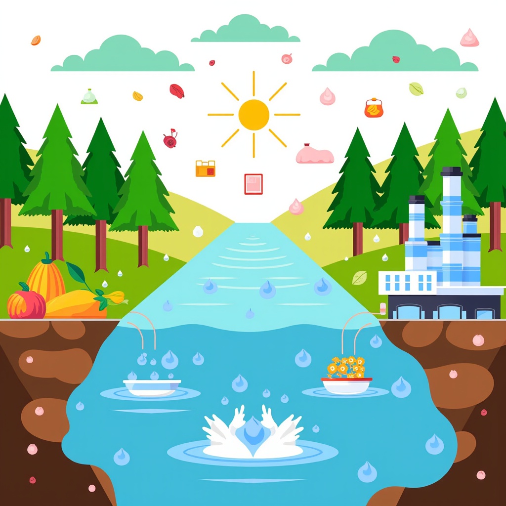 Nature's Blueprint for Circularity: Juxtapose natural cycles (e.g., water cycle, nutrient cycle in a forest) with human-designed circular systems for products and materials. Show how industrial processes can mimic nature's efficiency, where waste from one process nourishes another, creating a harmonious balance.