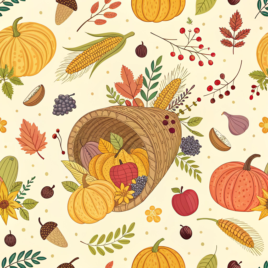 A lively and colorful Thanksgiving pattern featuring bountiful cornucopias overflowing with fruits, nuts, and vegetables. Different sizes and shades of pumpkins are also included, all against a soft yellow backdrop, creating a cheerful design reminiscent of harvest and abundance.