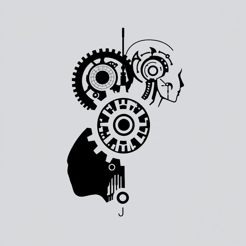 Sub-Design 2: Intertwined Forms. Depict human and robotic silhouettes as intertwined elements, similar to a stylized double helix or merged gears and organic curves. This represents a deeper, more integrated symbiosis where boundaries blur.