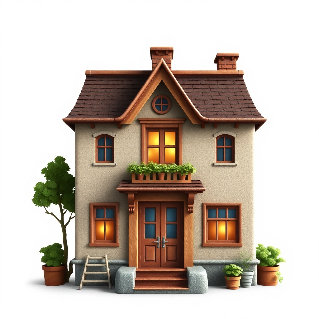 The image is a 3D rendering of a small, two-story house with a brown roof and a brown door. The house has a small porch with a wooden railing and a small window above the door. There are two small windows on either side of the door, one on the left side and one in the center. The front door is made of wood and has a glass panel in the middle. There is a small tree on the right side and two potted plants on the ground in front of the house. A ladder is leaning against the wall next to the door and a bench is placed on the steps leading up to it. The background is white.