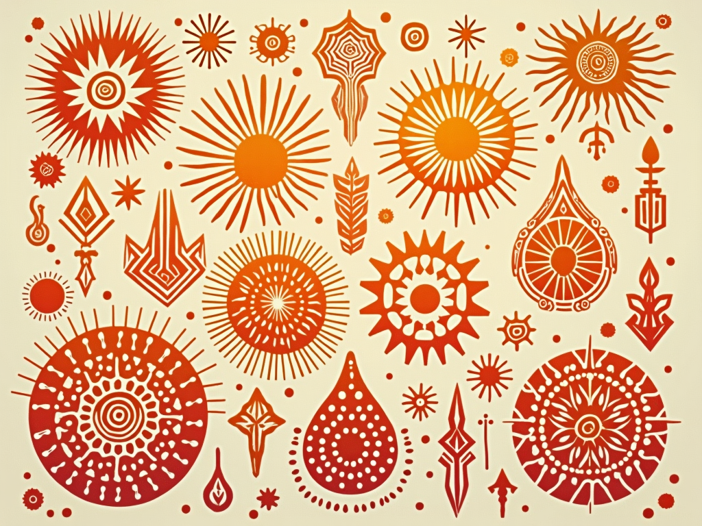 Ephemeral Glyphs: A pattern or scattered arrangement of abstract, rune-like geometric symbols inspired by desert elements (sun, wind, dunes) and the temporary, expressive art of Burning Man.