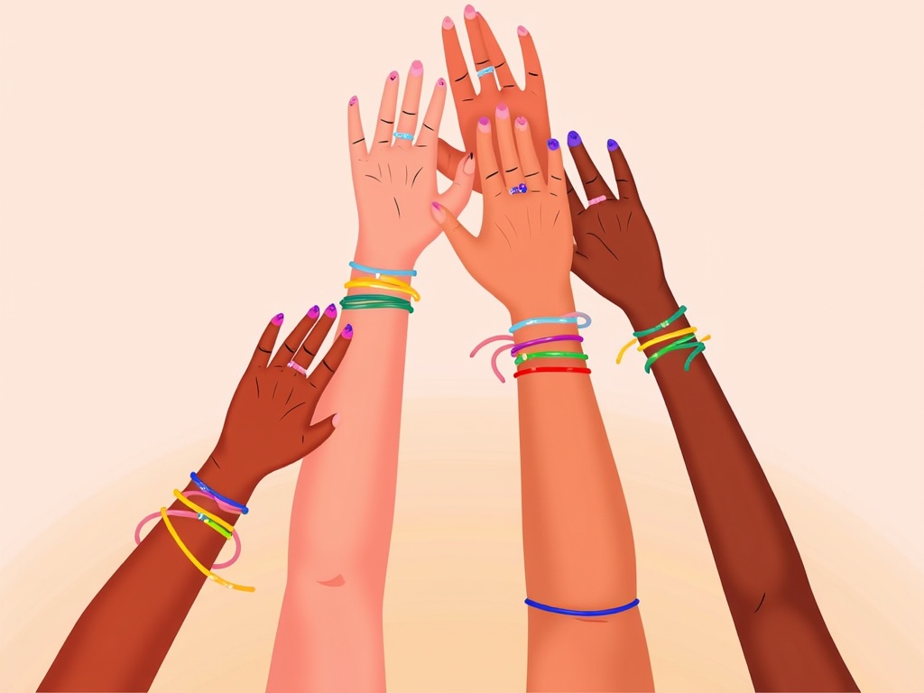 Hands of different women reaching up to support each other, forming a pyramid or a tower, representing solidarity and mutual support.