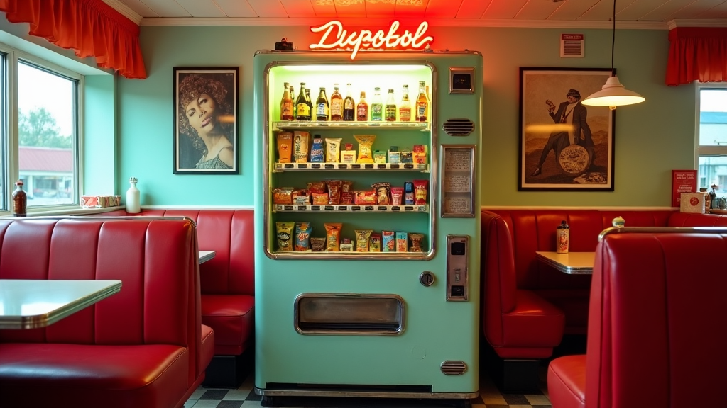 A vintage vending machine from the 1970s, filled with classic soda bottles and retro snacks, serving as a nostalgic piece in a small-town diner.