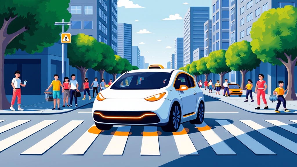 VRU Protective Bubble: Show a robotaxi creating a visual 'safe zone' (glowing boundary/projected path) around pedestrians or cyclists at a crosswalk, demonstrating its ability to yield and protect vulnerable road users.