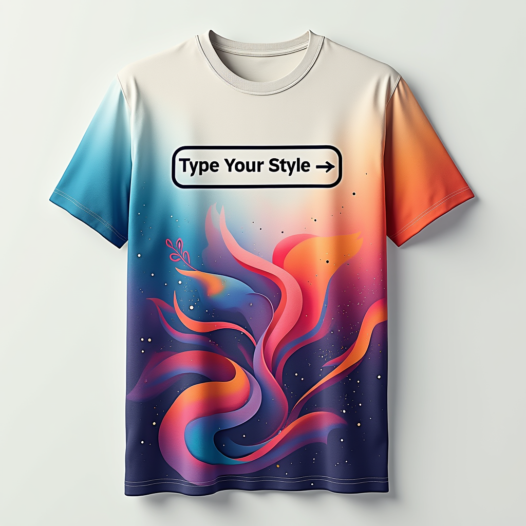 A minimalist t-shirt with a simple input field graphic and the text 'Type Your Style >'. Below it, a dynamic, ever-changing abstract pattern could represent the 'Infinite Styles' generated.