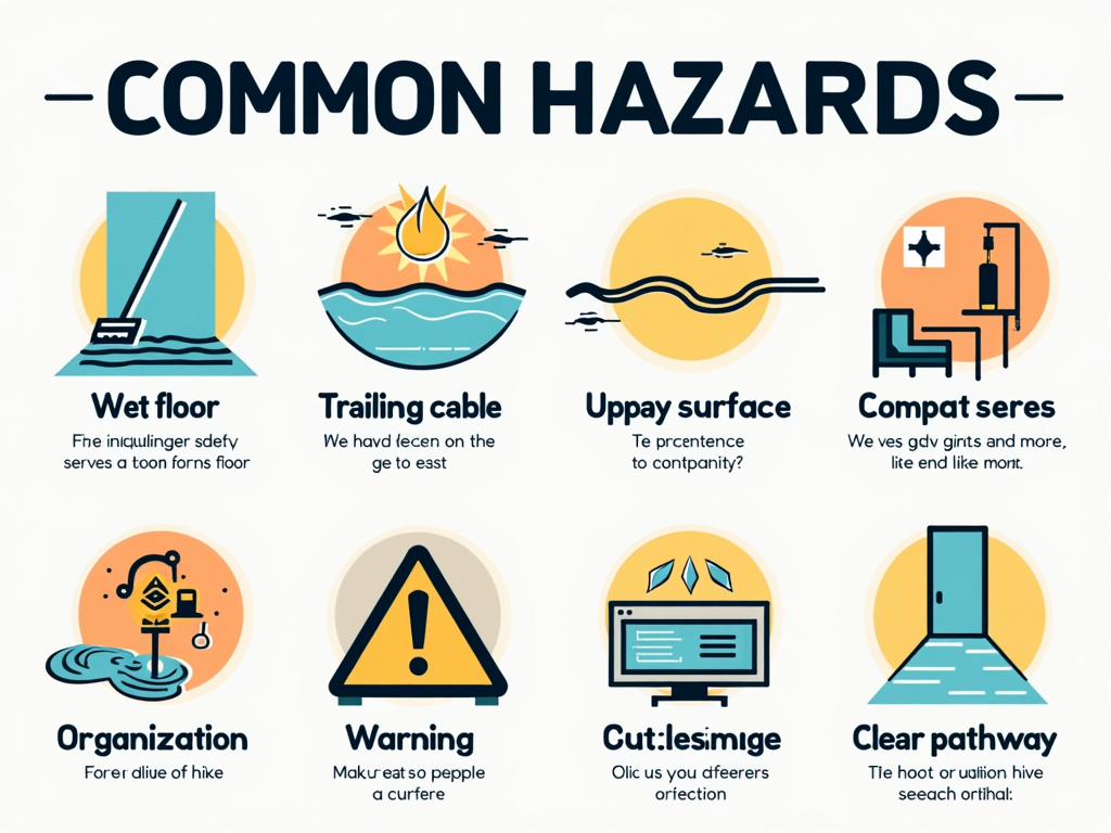 Sub-Design 1: Infographic Style - Use bright, clear icons depicting common hazards (wet floor, trailing cable, uneven surface, clutter) paired with icons showing preventative actions (mop, cable tidy, warning sign, clear pathway).