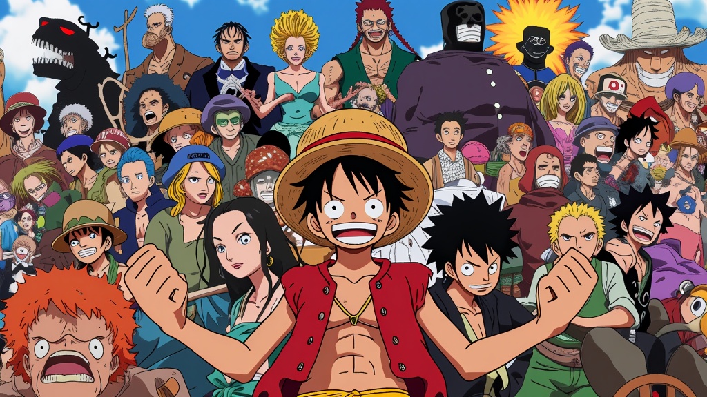 Villains and rivals from the One Piece series clashing in a vibrant montage, their distinctive powers and fierce expressions vividly illustrated.