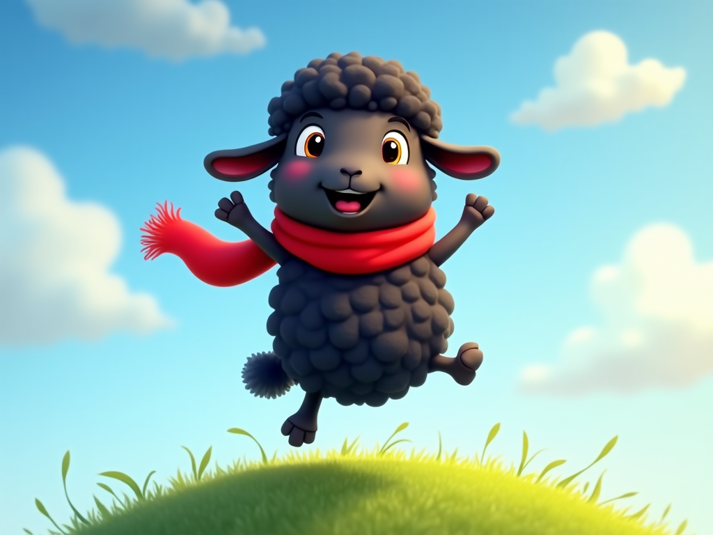 The image shows a cartoon black sheep wearing a red scarf running across a lush green field with a bright blue sky and fluffy white clouds in the background.