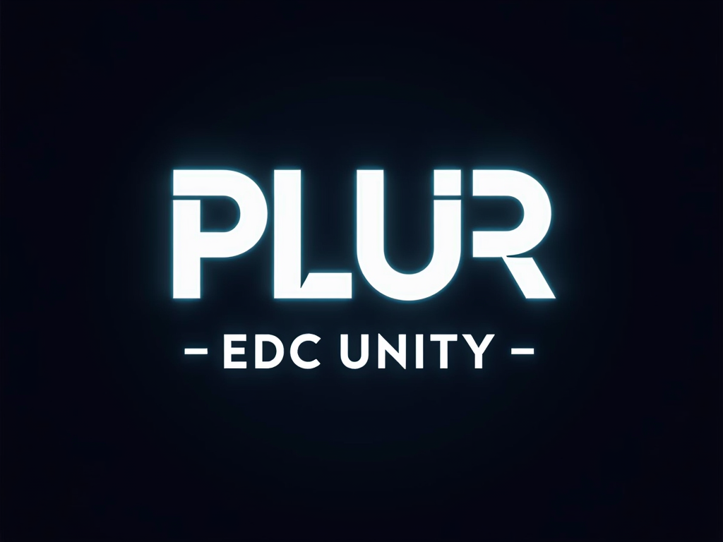 A logo-centric T-shirt with 'PLUR' as the main typographic element in a custom, modern font where key strokes or sections of each letter illuminate with glow-in-the-dark ink. 'EDC UNITY' is positioned below or integrated stylishly in a smaller, also glowing, font.