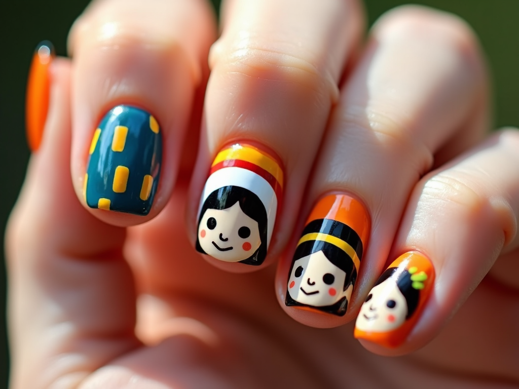 Fun nails with a cartoon pilgrim and Native American motifs, offering a historical and vibrant view of the holiday.