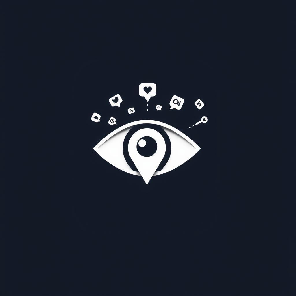 Logo for AR Social Icon System/App: A logo depicting a stylized eye or a smartphone outline. From this central element, tiny, abstract social media icon shapes (e.g., bird, square, play symbol) emanate with a perspective effect, suggesting AR projection. A subtle geo-location pin can be integrated into the main element, symbolizing the system's core features.