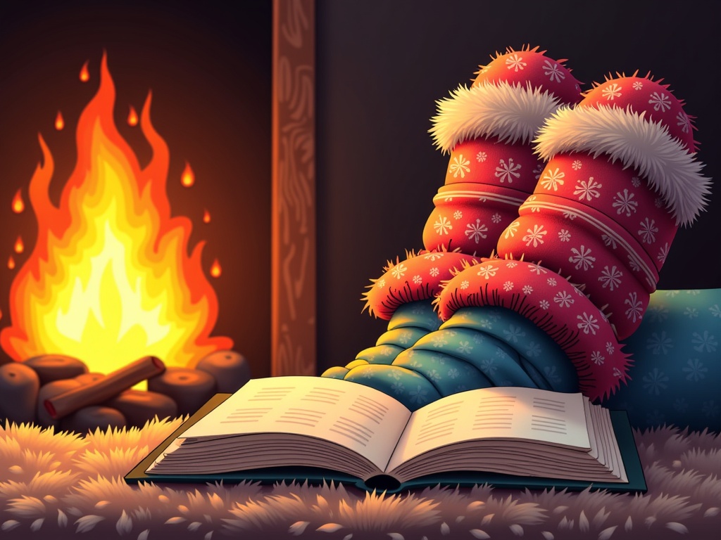An illustration showing only the bottom half: warm socks propped up near the fire, an open book resting on lap or floor, emphasizing comfort and relaxation.