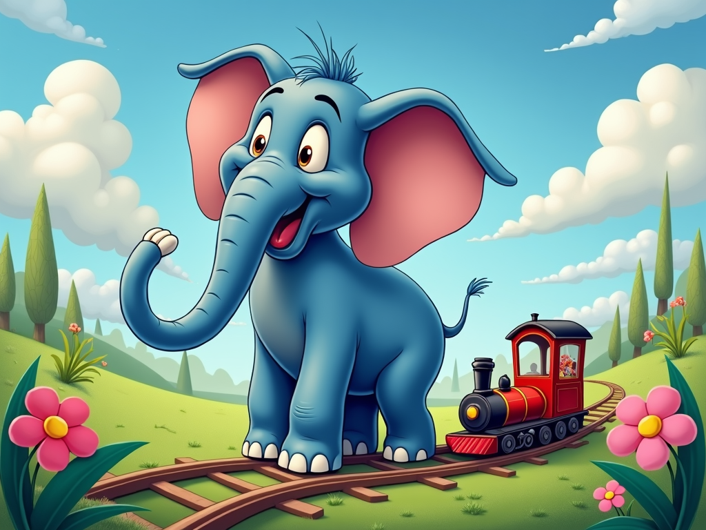 A whimsical depiction of an elephant with a long trunk forming a railway track, and the train follows this track.