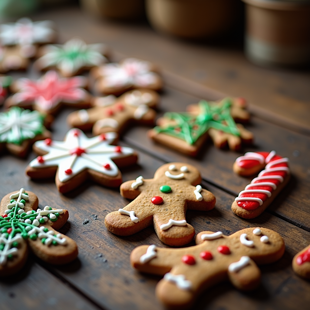  a group of decorated gingerbread cookies on a wooden table. There are several cookies in the shape of Christmas trees, snowflakes, and gingerbread men. The cookies are arranged in a scattered manner, with some overlapping each other. Some of the cookies are decorated with white icing and sprinkles, while others are in various colors such as red, green, and white. There is also a candy cane on the right side of the image. The background is blurred, but it appears to be a kitchen countertop with pots and other kitchen utensils.