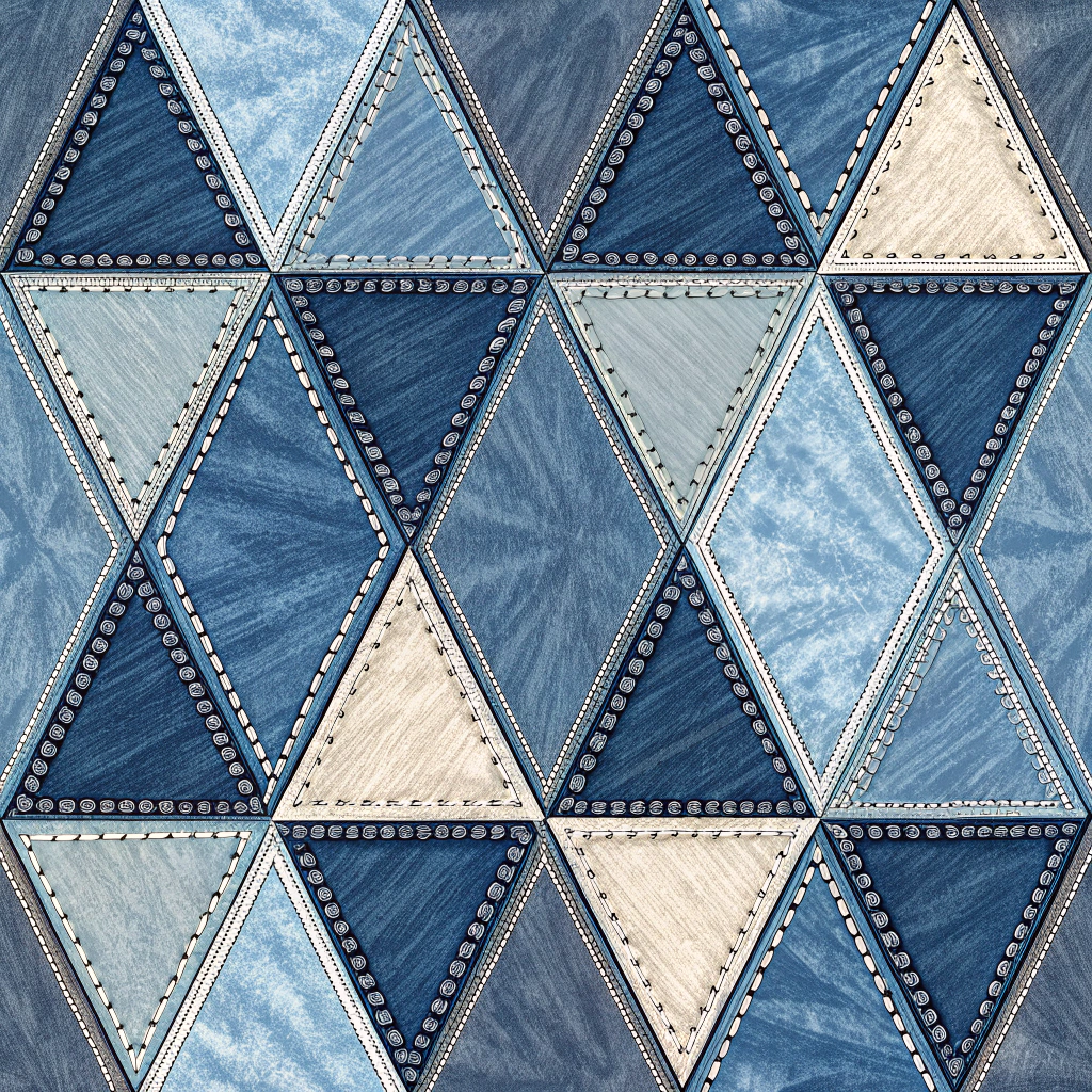 Denim Patchwork Geometrics: Create bold geometric patterns by cutting and stitching together scraps of old denim jeans in various shades of blue and grey, suitable for upholstery, bags, or rugged textiles.