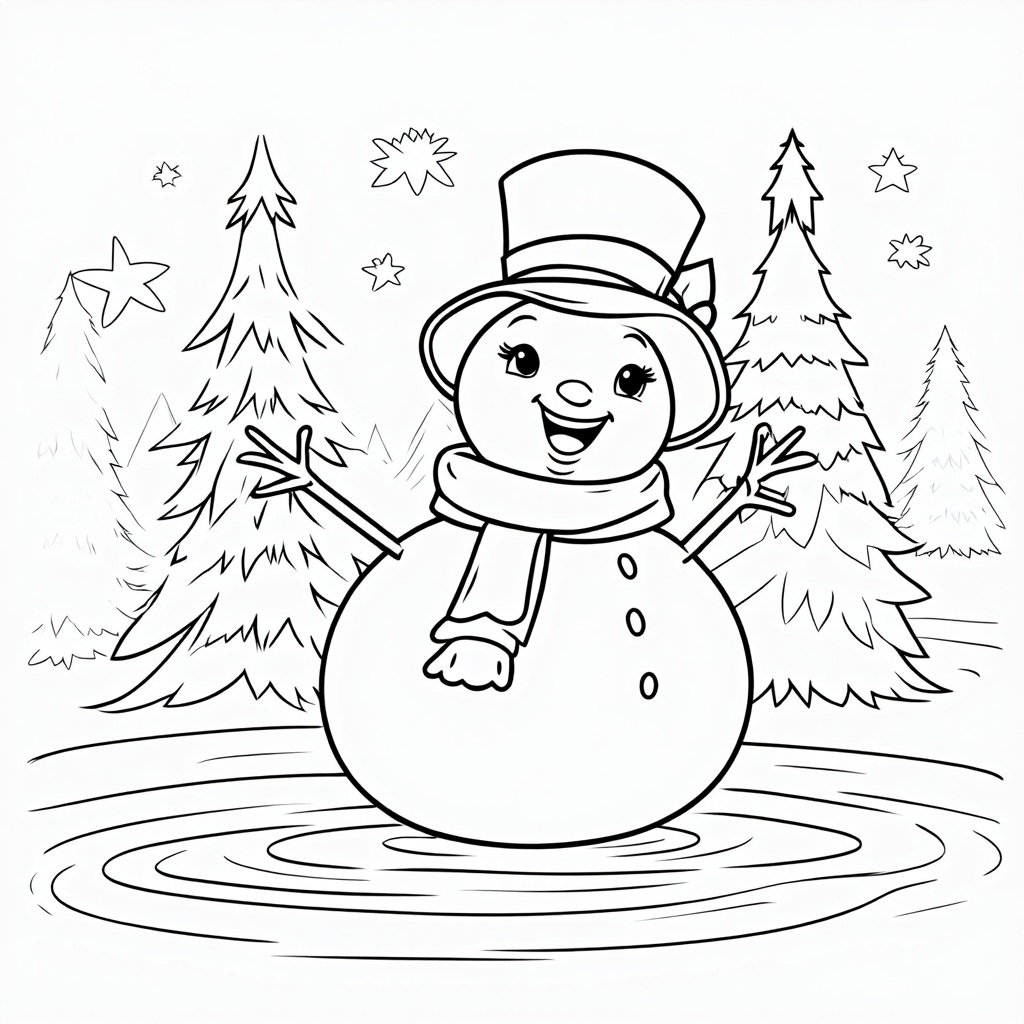 The image shows a snowman in the woods, surrounded by trees and stars. The snowman is sketched in black and white, with a watermark in the background. It is a free printable coloring page, perfect for the winter season.