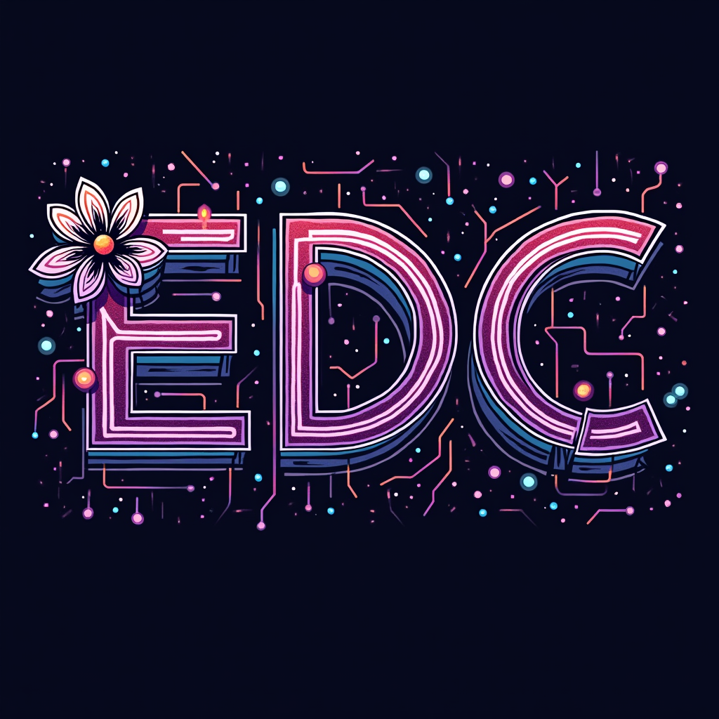 Simple EDC Circuit Garden Logo Idea: The 'EDC' lettering or 'Electric Daisy Carnival' rendered in a futuristic, sleek font with circuit-like breaks or integrations. A stylized, small 'circuit daisy' (similar to the icon idea) could be integrated into the typography, perhaps replacing a letter like 'D' or 'O', or positioned as an emblem alongside the text.
