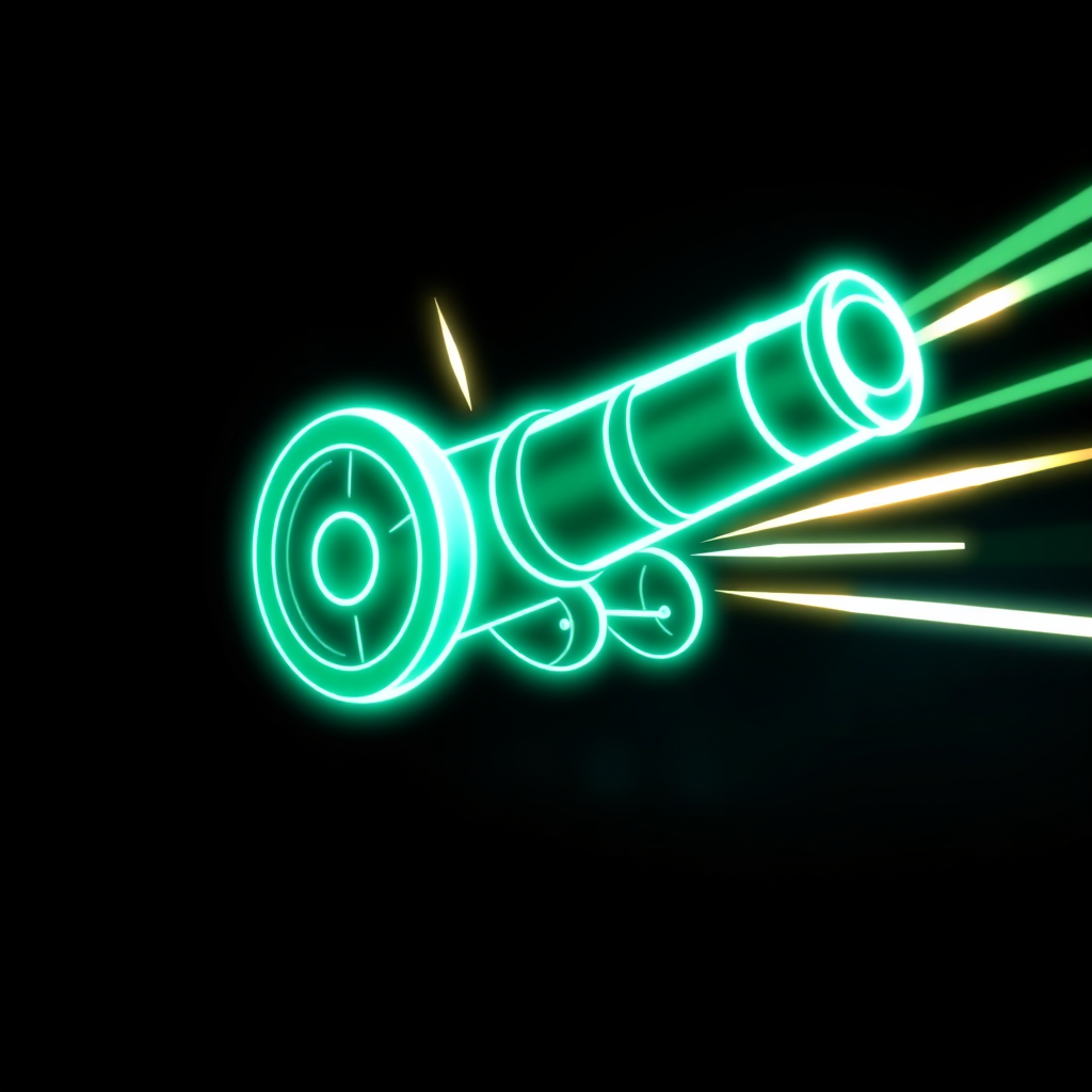 Luminous Energy Mark: A simplified cannon symbol, perhaps more abstract, imbued with glowing elements or light trails that signify speed, progress, and the vibrant energy of the club in a futuristic setting.