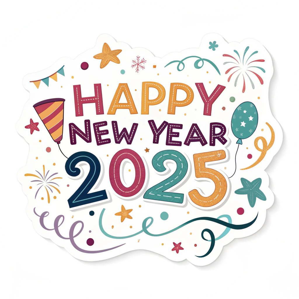 The image shows a white background with a sticker that reads Happy New Year 2025 surrounded by colorful balloons, stars, and confetti, creating a festive atmosphere to celebrate the start of a new year.