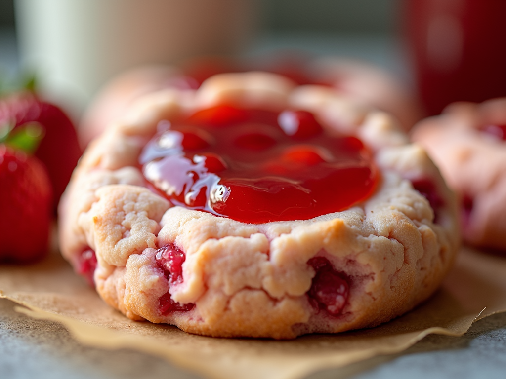 A thick, soft cookie with a pale pink base and small chunks of fresh strawberry, topped with a layer of strawberry jam.