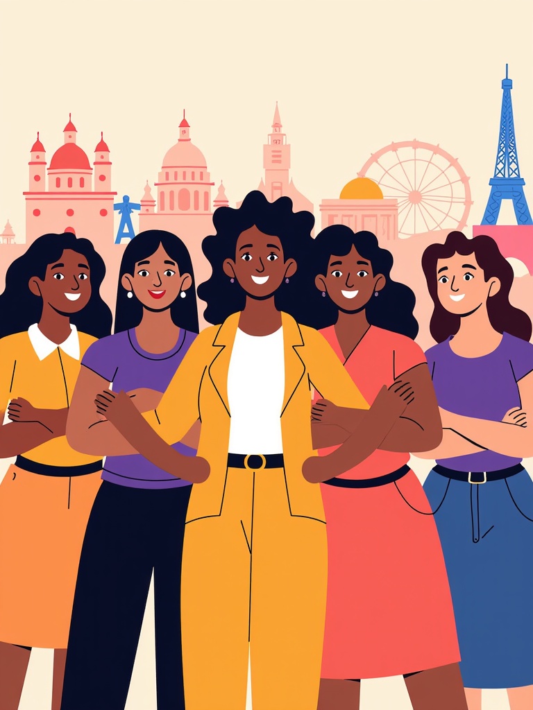 A group of women from diverse backgrounds standing together, arms linked, with determined expressions. The background could feature iconic landmarks from around the world, symbolizing global unity.