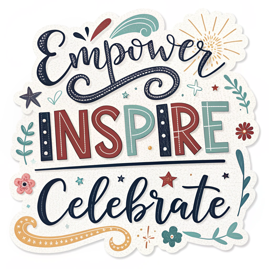 A typographic logo emphasizing the words 'Empower,' 'Inspire,' and 'Celebrate,' with each word styled in a unique and impactful way.