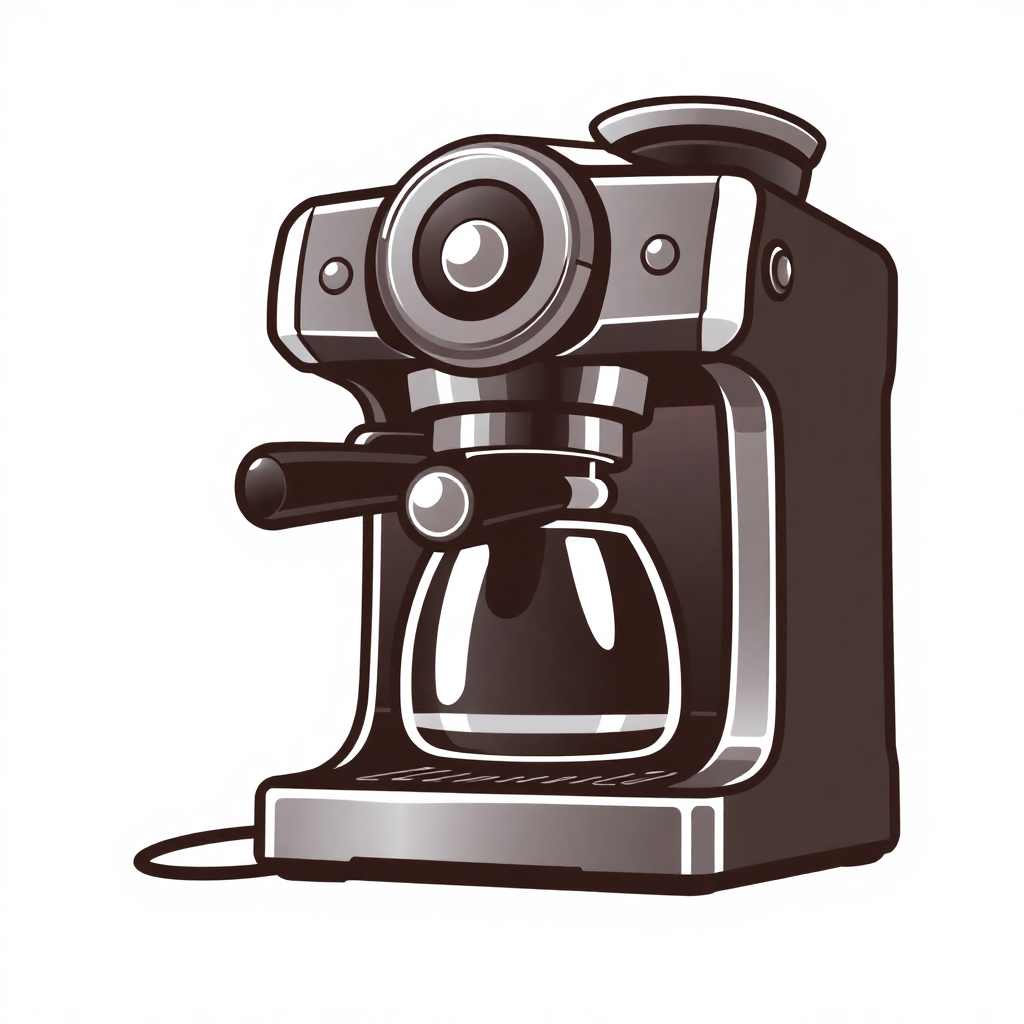 The image is a black and white illustration of a coffee machine. The machine has a sleek and modern design with a handle on the left side and a spout on the right side. The top of the machine is made of metal and has a large circular lens in the center. The lens is surrounded by a black handle and a silver base. The coffee machine appears to be in good condition with no visible damage or wear. The background is white, making the machine stand out.