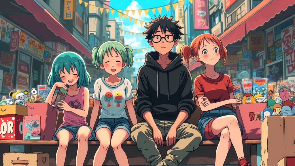 Characters surrounded by their newly acquired merchandise bags, relaxing on a bench and admiring their art prints or figures from the vendor hall.