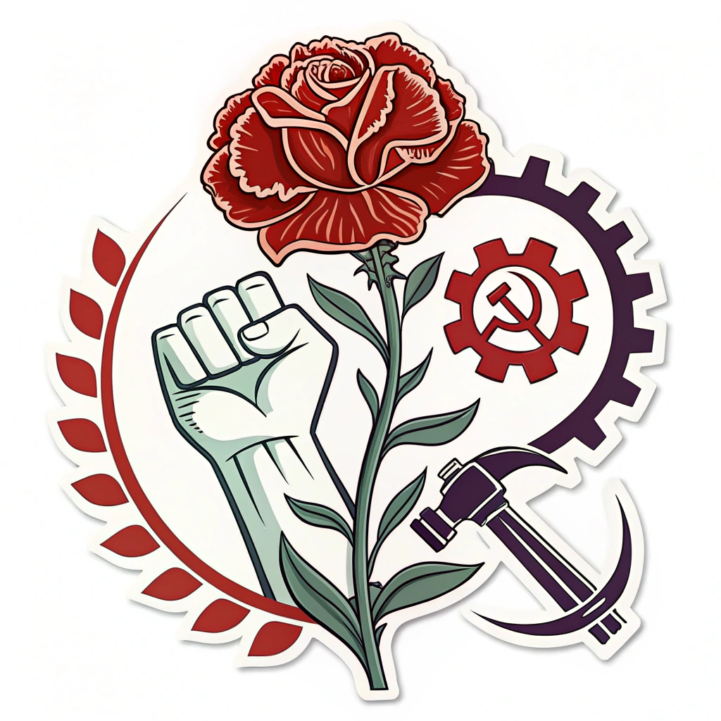 Simple Logo Idea: A cohesive logo mark combining a blooming carnation with a traditional symbol of labor, such as a raised fist, a gear, or an intertwined hammer and sickle, in a balanced composition.