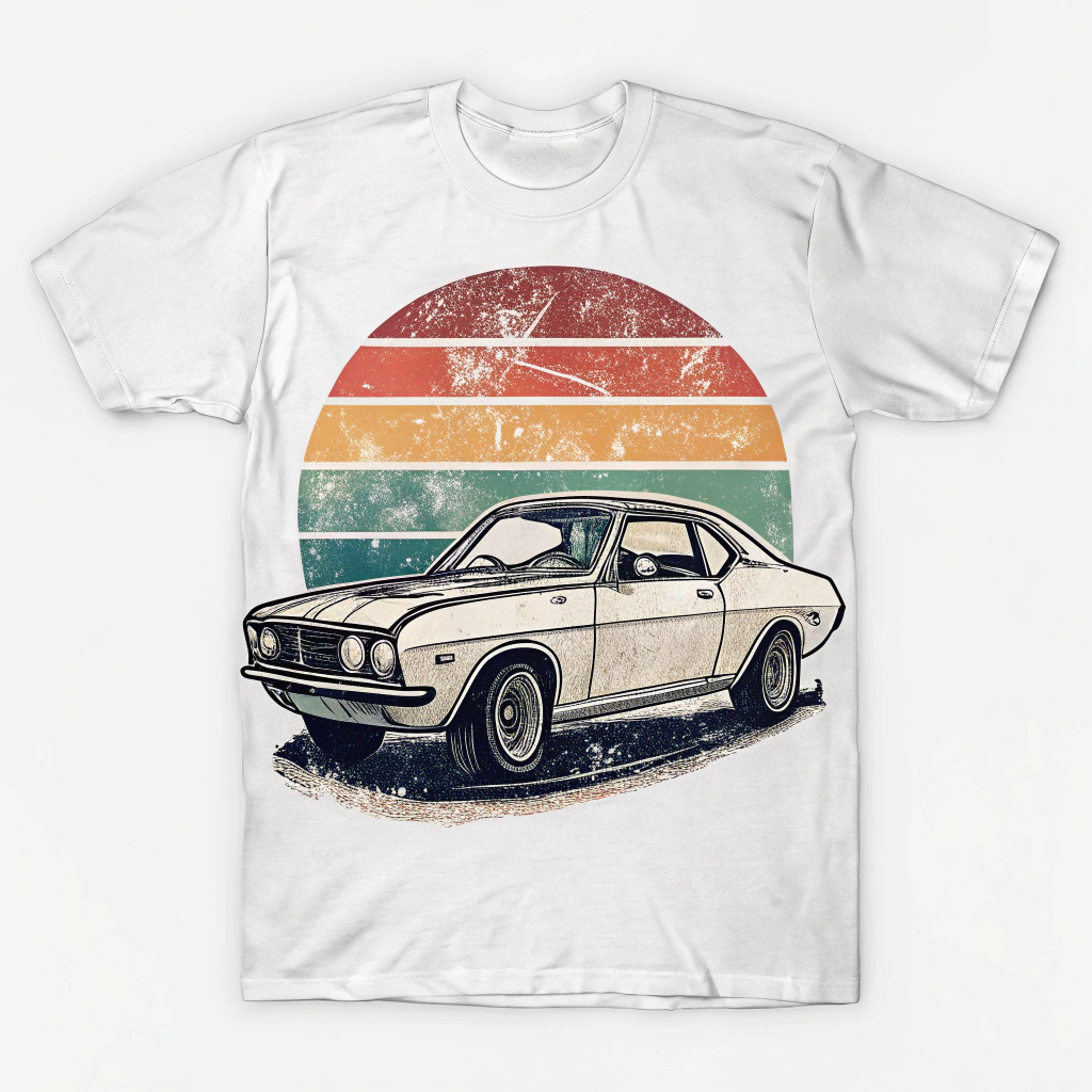 The image is of a white t-shirt with a graphic design on the front. The design features a vintage car, specifically a Ford Mustang, in the center. The car is shown in a side view, with the front facing towards the left side of the image. The background is a gradient of orange, yellow, green, and blue, with a large orange circle in the top right corner. The colors are arranged in a retro, grungy style, giving the design a vintage feel. The overall design is simple and minimalistic.