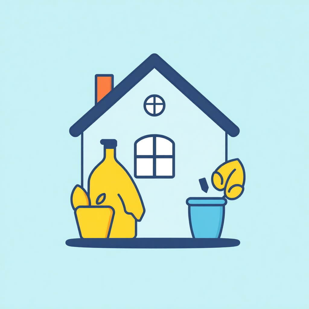 The image is an illustration of a small house with a blue roof and a white window. The house has a chimney on the left side and a door on the right side. In front of the house, there is a yellow watering can, a yellow bucket, and a blue bucket with a yellow flower in it. The background is light blue. The illustration is in a simple, cartoon-like style.