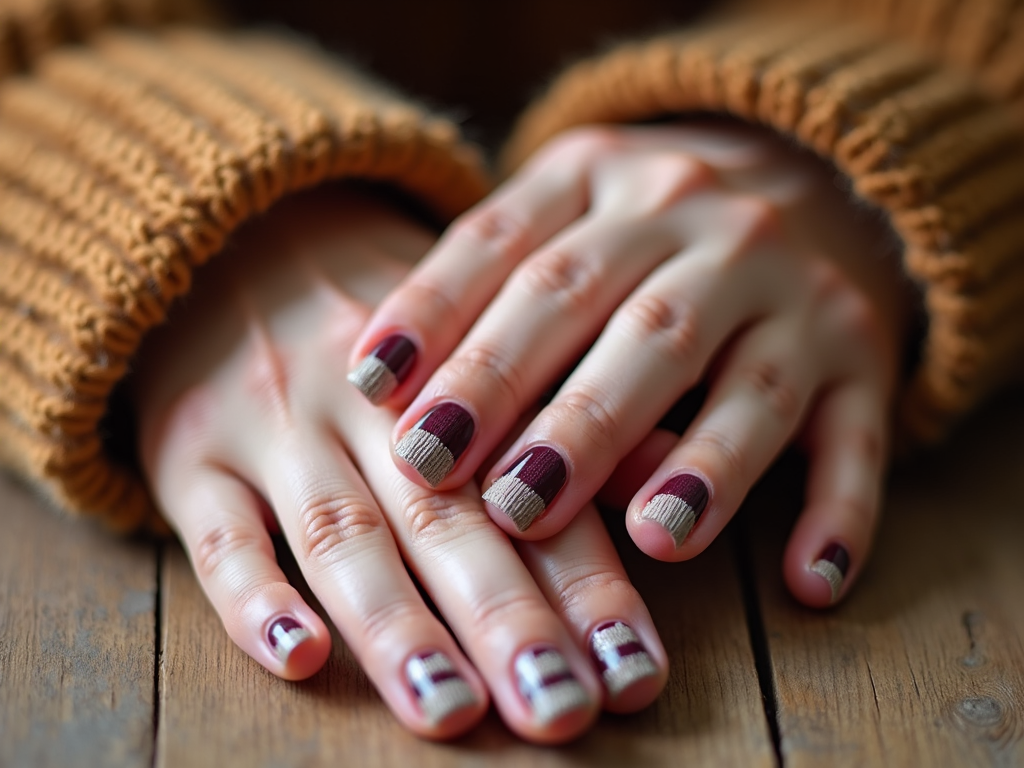 A pair of hands displays nails with a cozy knitted sweater design in muted fall tones, adding texture and warmth to the look.