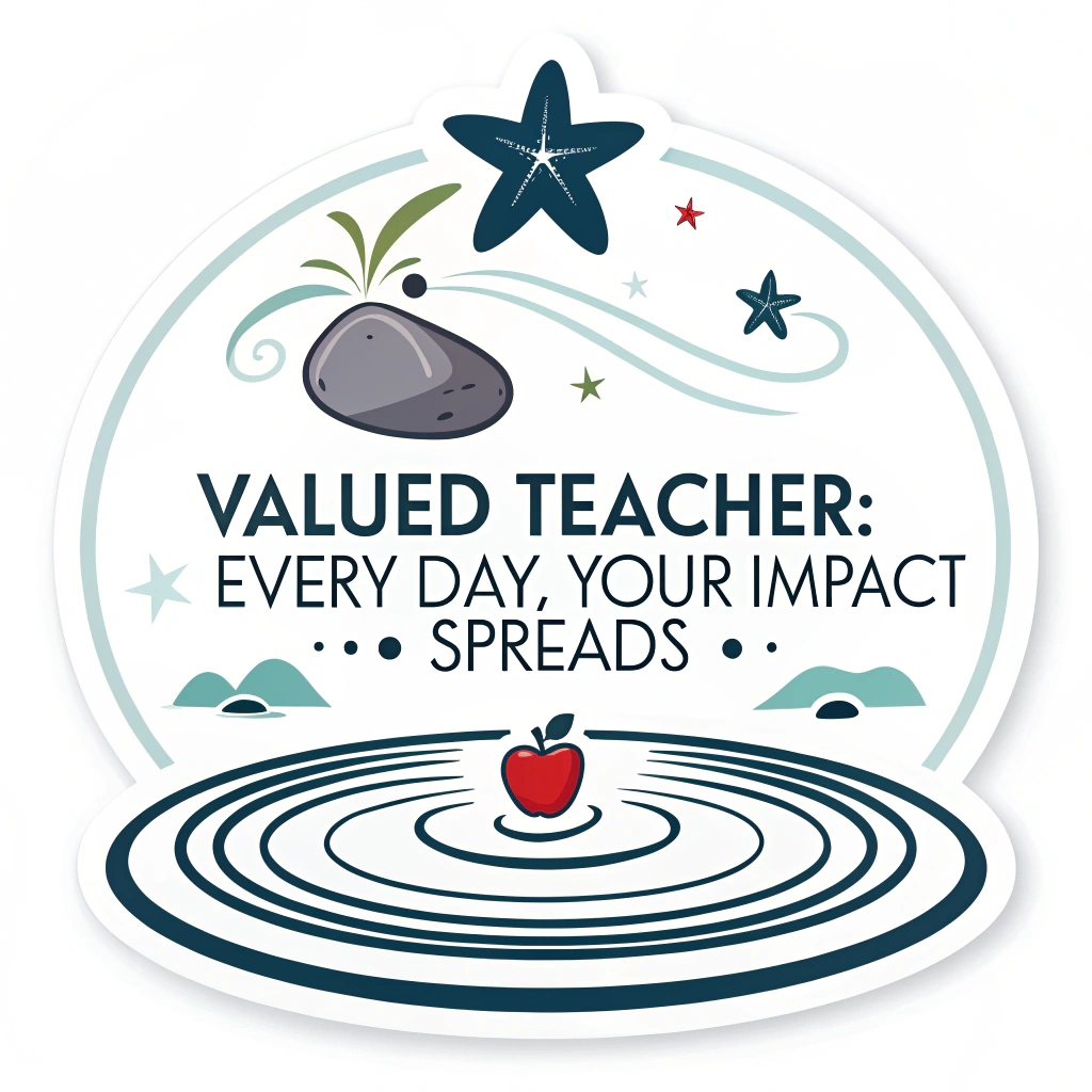 Daily Ripple Effect: Concentric circles spreading outwards, like a pebble in water, with a small star or apple at the center. Text: 'Valued Teacher: Every Day, Your Impact Spreads.' in calming blues and greens.