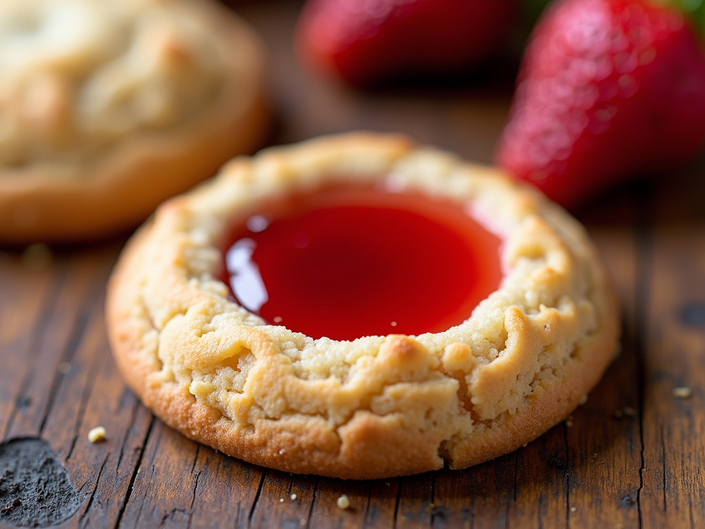 A classic thumbprint cookie with a swirl of bright red strawberry jam in the center, showcasing the jam's texture and color.