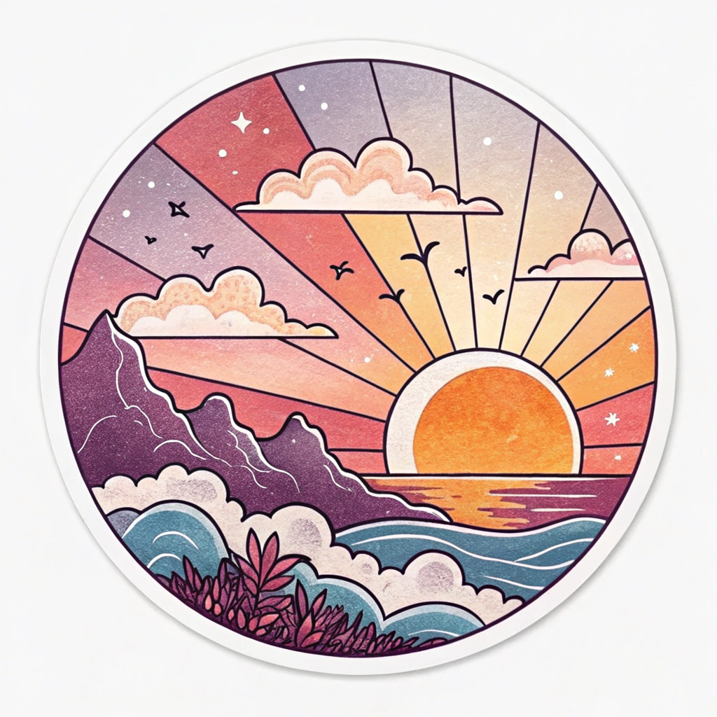 The image is a circular illustration of a beautiful sunset over the ocean. The sky is filled with vibrant colors, including orange, pink, yellow, and purple. The sun is setting in the center of the image, with rays of light radiating outwards. The ocean is a deep blue, with small waves crashing onto the shore. On the left side of the ocean, there are purple mountains with white clouds and pink flowers. There are also a few birds flying in the sky. The overall style of the illustration is whimsical and dreamlike.