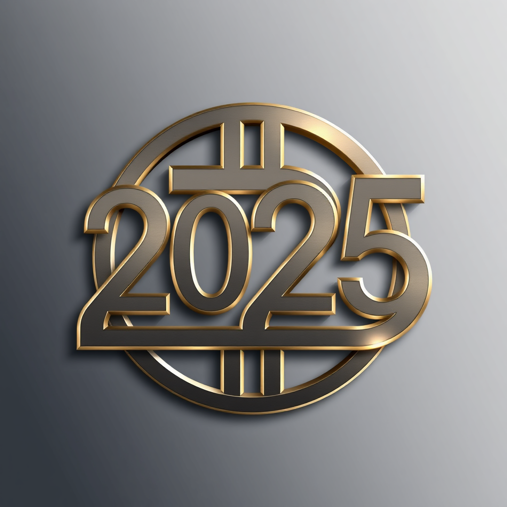 Concept 1: The '2025' numerals are partially formed by, or cleverly integrated within the curves and lines of the classic Bitcoin 'B' symbol. The '0' could be a complete circle like the Bitcoin symbol outline, with '2's and '5' dynamically emerging from it. Style: Sleek, metallic gradients with a subtle glow.
