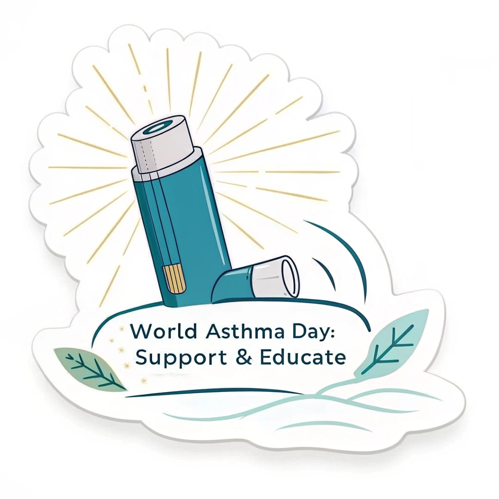 An illustrated inhaler emitting a soft glow or light rays, symbolizing hope and relief. Tagline 'World Asthma Day: Support & Educate' below.