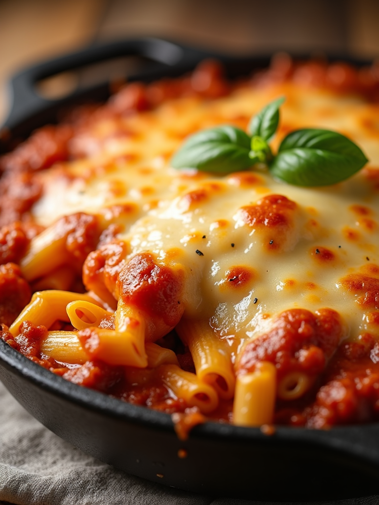 A close-up shot of the cheesy top layer of baked ziti, emphasizing the golden bubbles and crispy edges that characterize a perfectly baked Italian comfort dish.